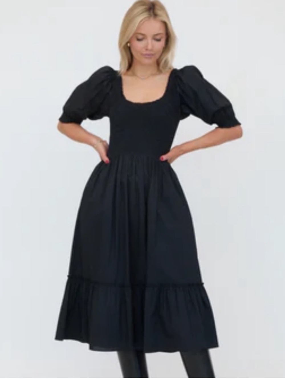 Hill House Dress The Louisa Nap Midi Smocked Puff Sleeve in Black - Picture 5 of 9
